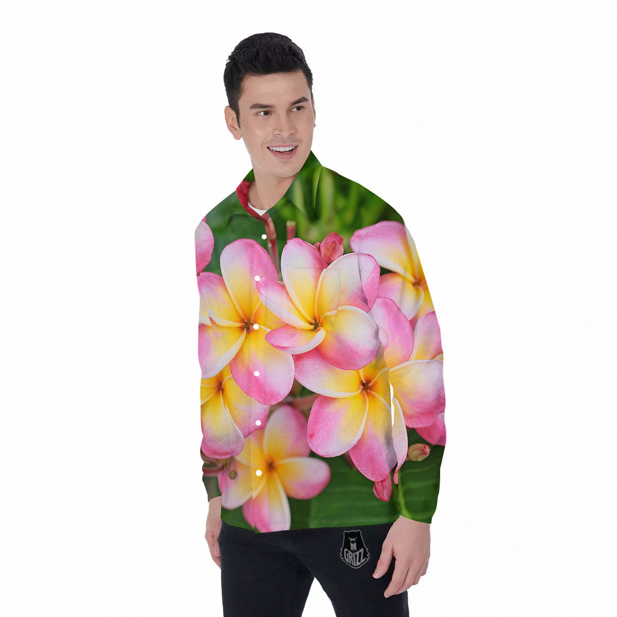 Plumeria Flower Yellow And Pink Print Men's Long Sleeve Shirts-grizzshop