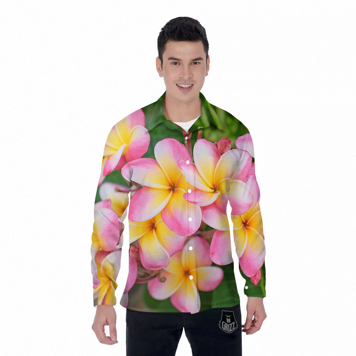 Plumeria Flower Yellow And Pink Print Men's Long Sleeve Shirts-grizzshop