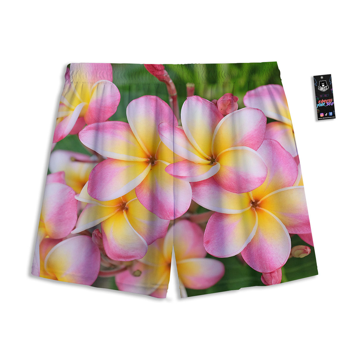 Plumeria Flower Yellow And Pink Print Mesh Shorts