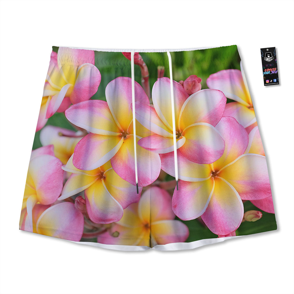 Plumeria Flower Yellow And Pink Print Mesh Shorts