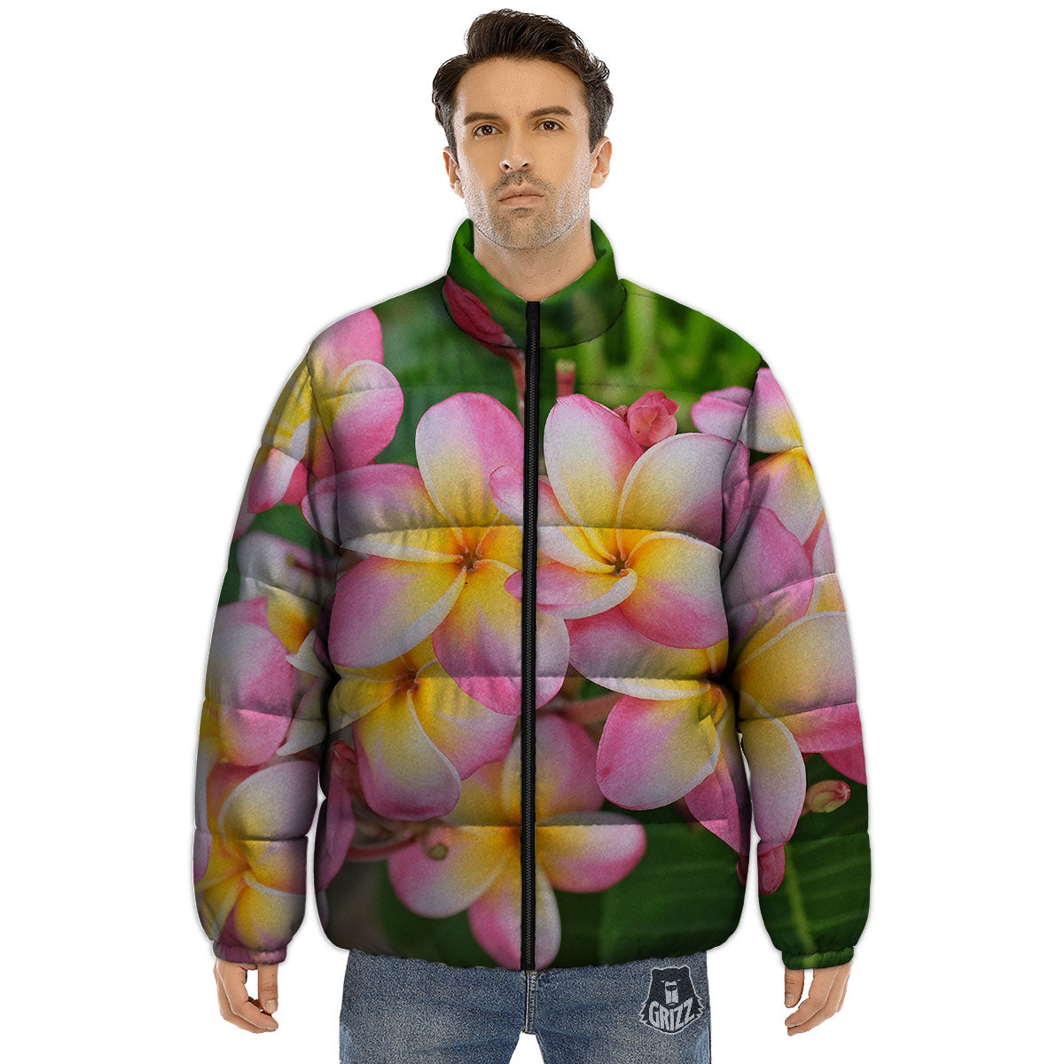 Plumeria Flower Yellow And Pink Print Puffer Jacket-grizzshop