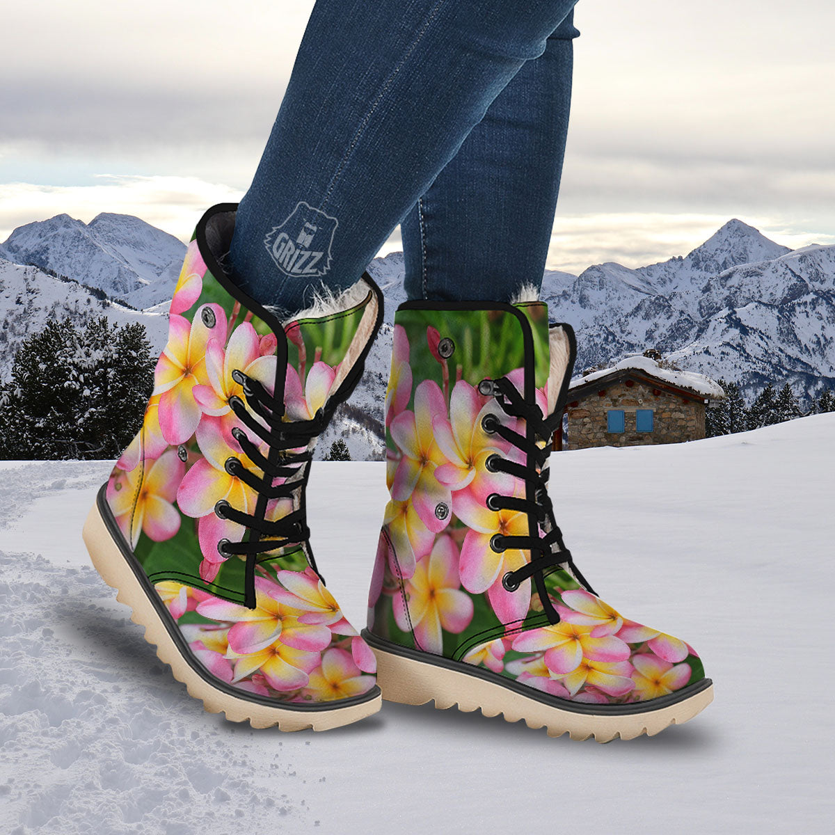 Plumeria Flower Yellow And Pink Print Snow Boots-grizzshop