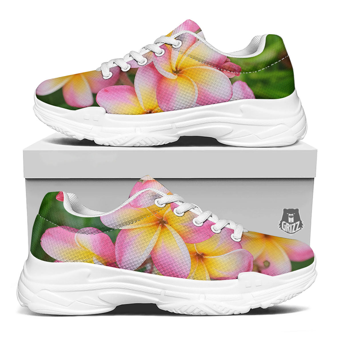 Plumeria Flower Yellow And Pink Print White Chunky Shoes-grizzshop