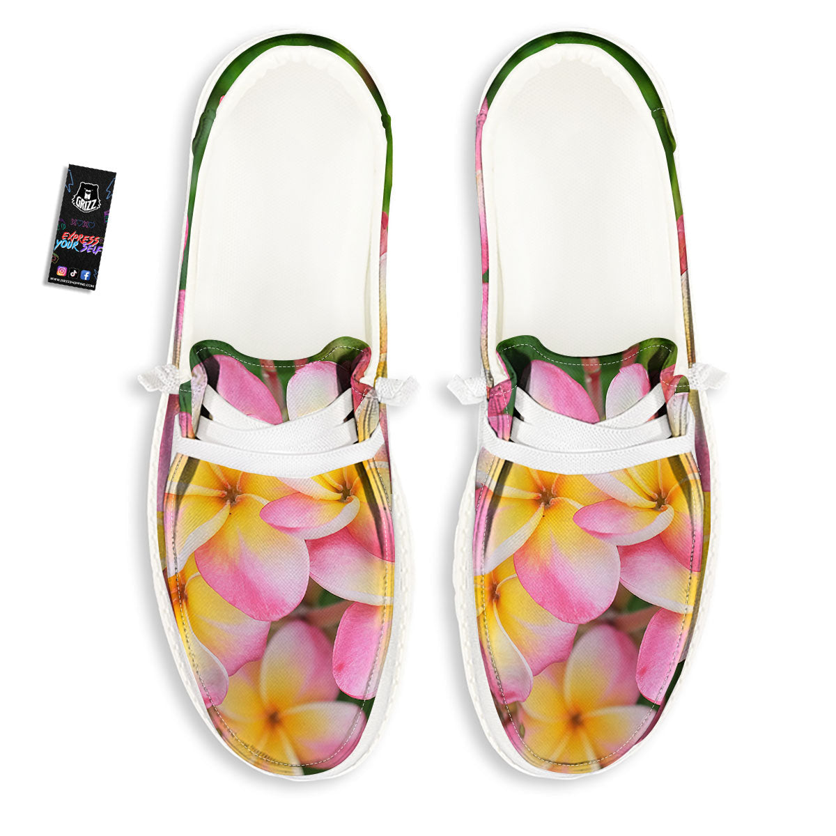 Plumeria Flower Yellow And Pink Print White Loafers-grizzshop
