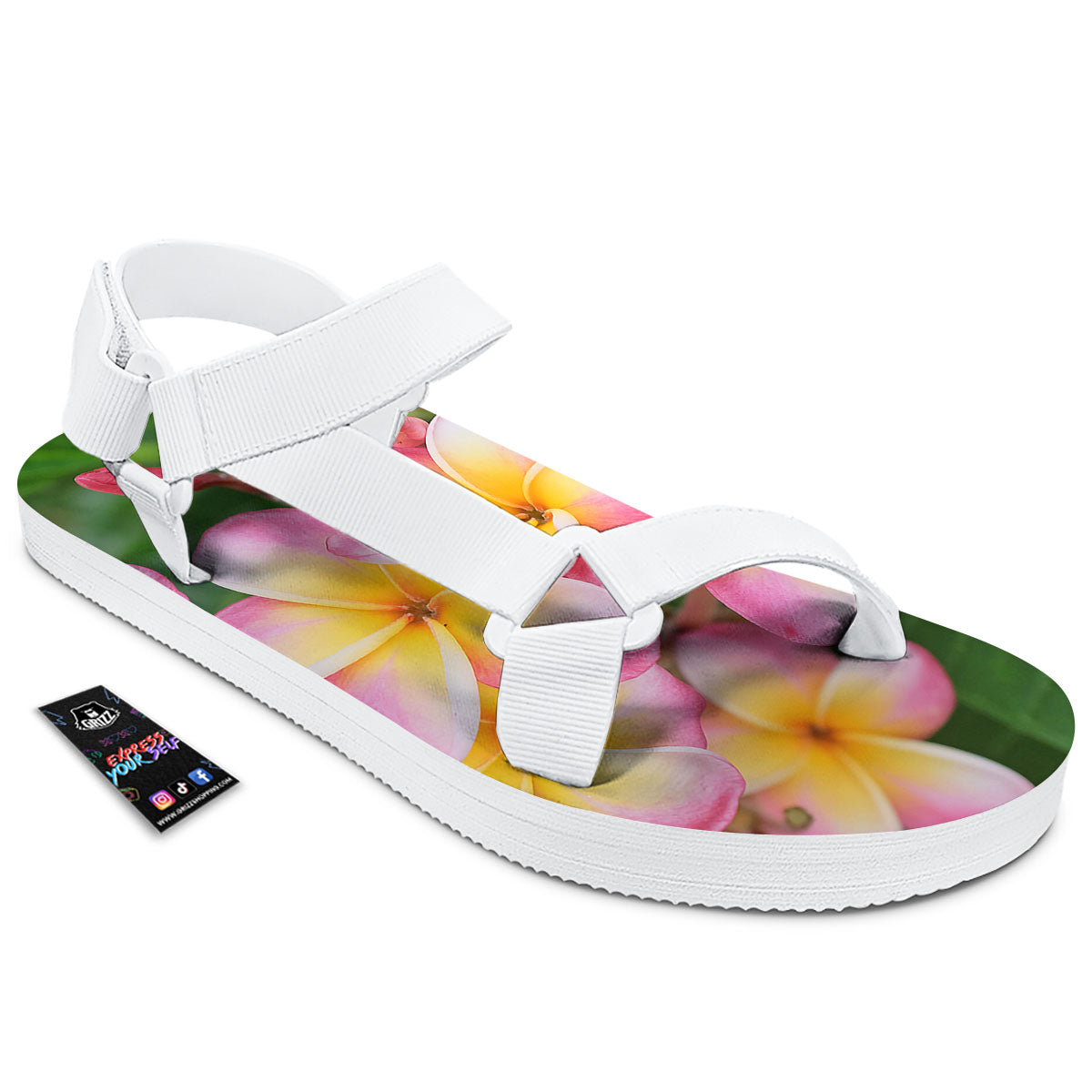 Plumeria Flower Yellow And Pink Print White Open Toe Sandals-grizzshop
