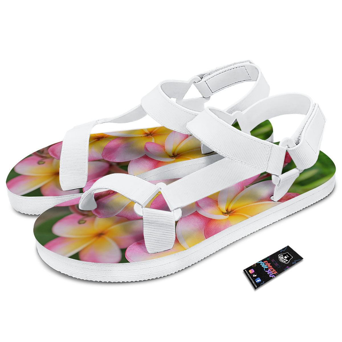 Plumeria Flower Yellow And Pink Print White Open Toe Sandals-grizzshop