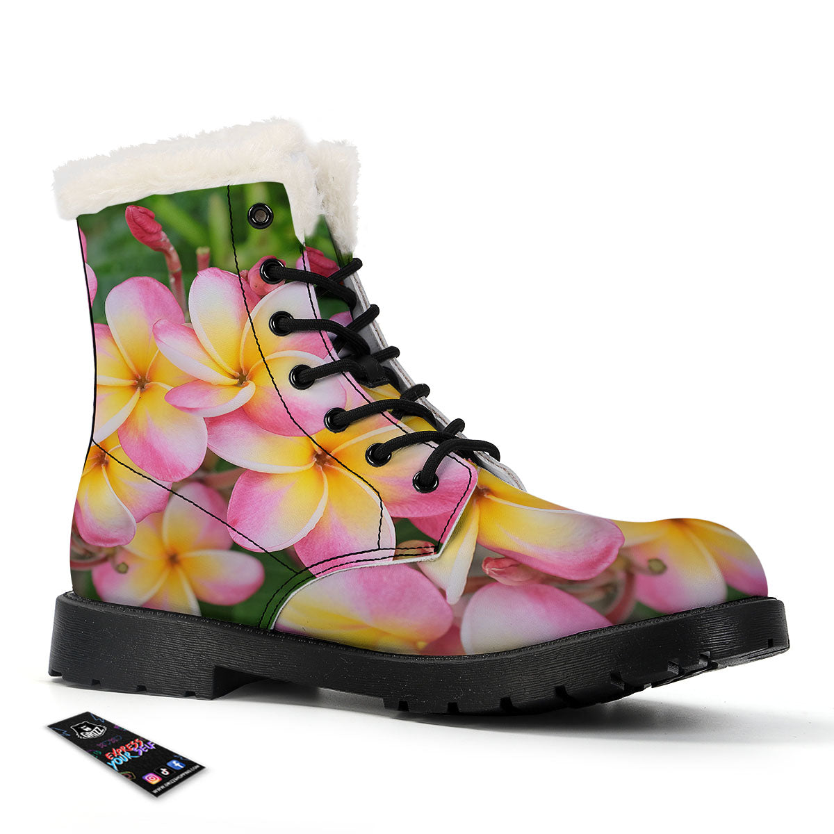 Plumeria Flower Yellow And Pink Print Winter Boots-grizzshop