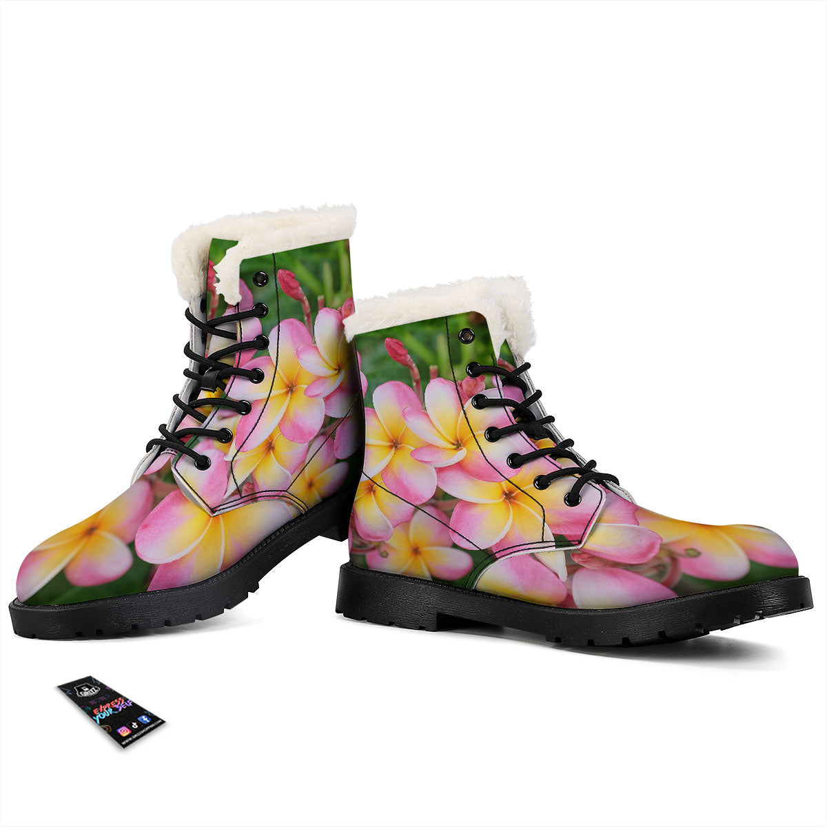 Plumeria Flower Yellow And Pink Print Winter Boots-grizzshop