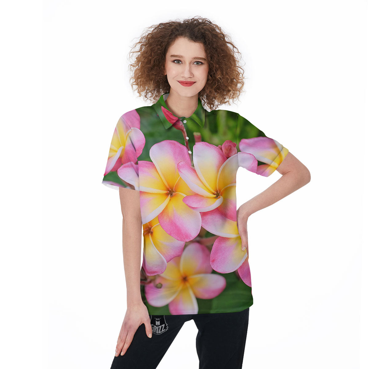 Plumeria Flower Yellow And Pink Print Women's Golf Shirts-grizzshop