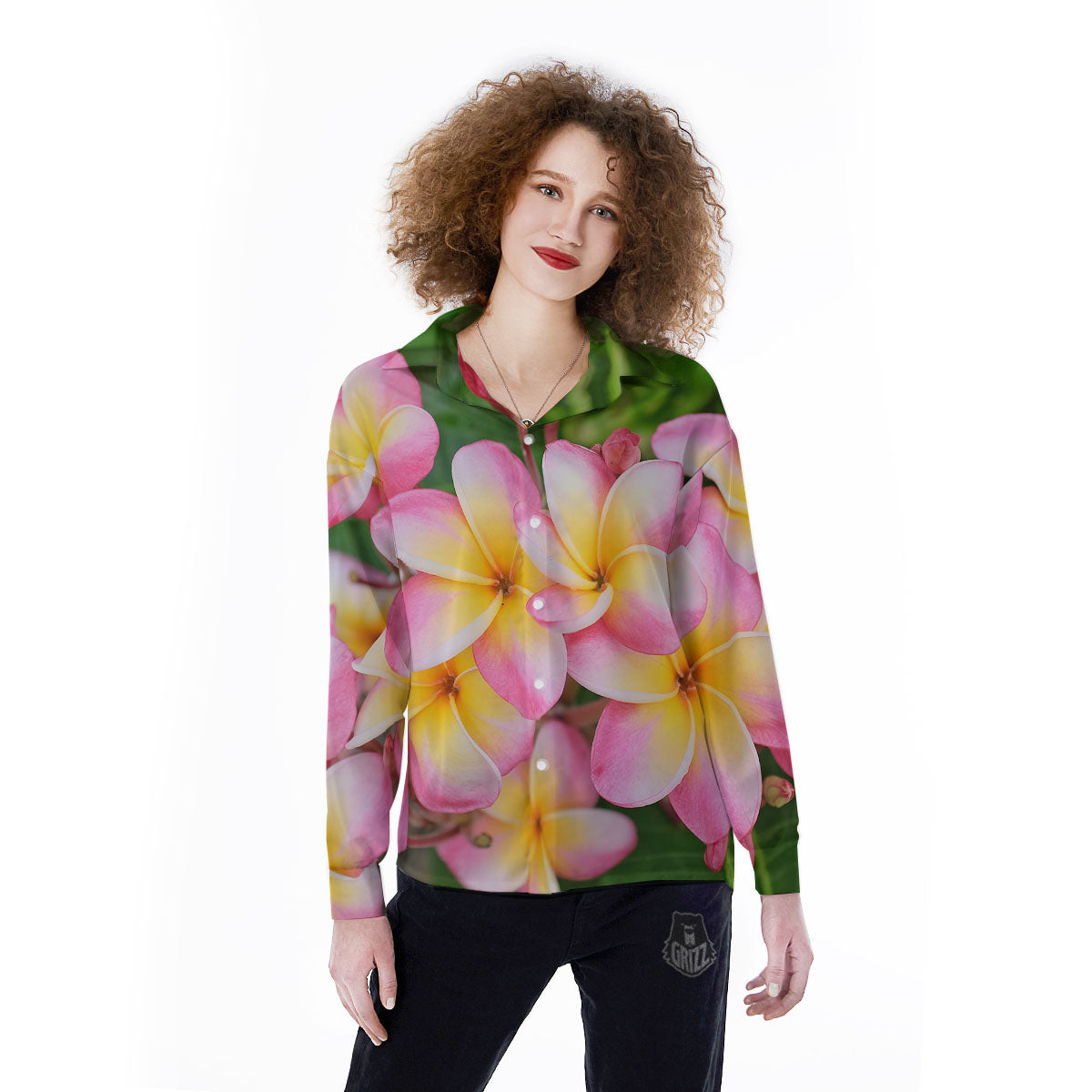 Plumeria Flower Yellow And Pink Print Women's Long Sleeve Shirts-grizzshop