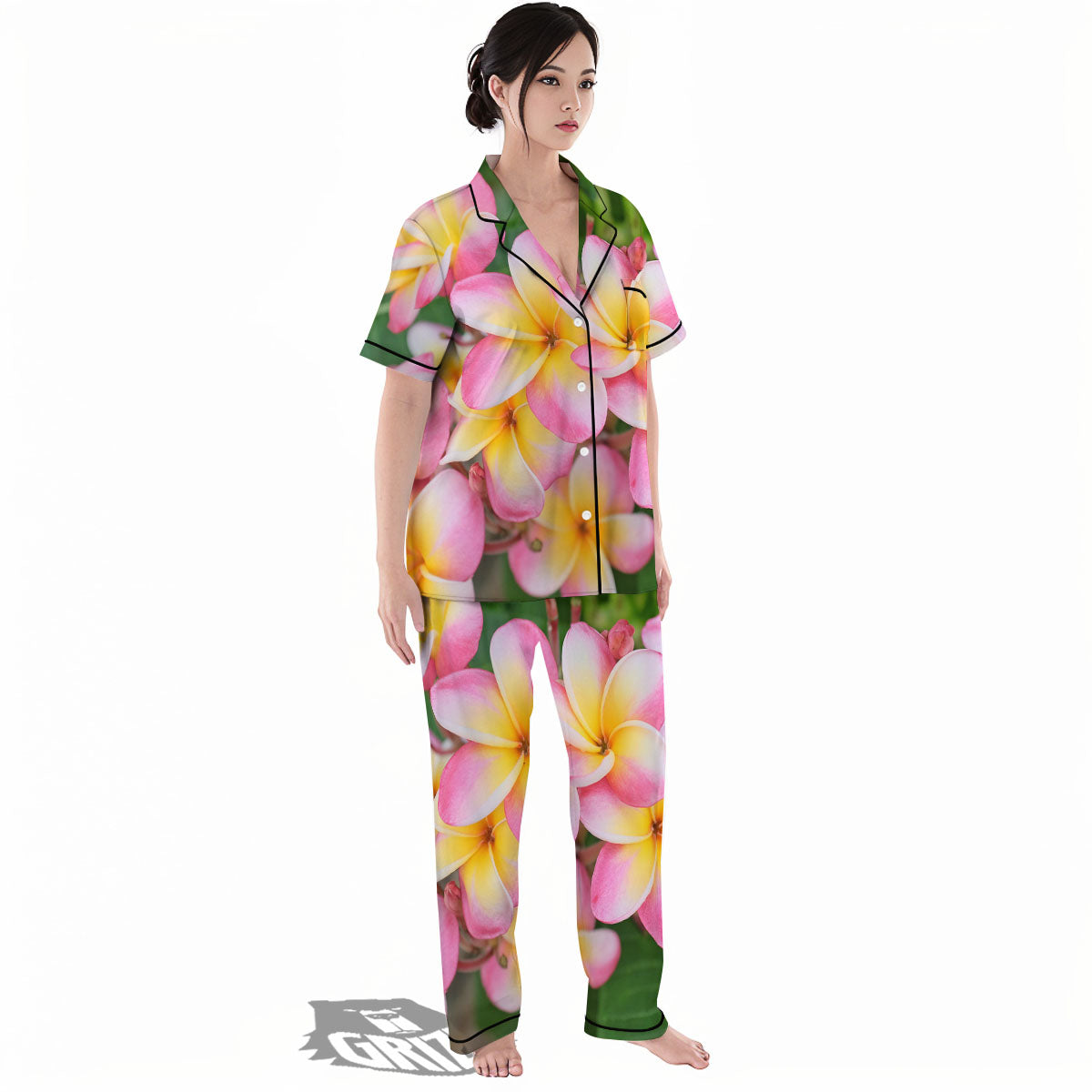 Plumeria Flower Yellow And Pink Print Women's Pajamas Set-grizzshop