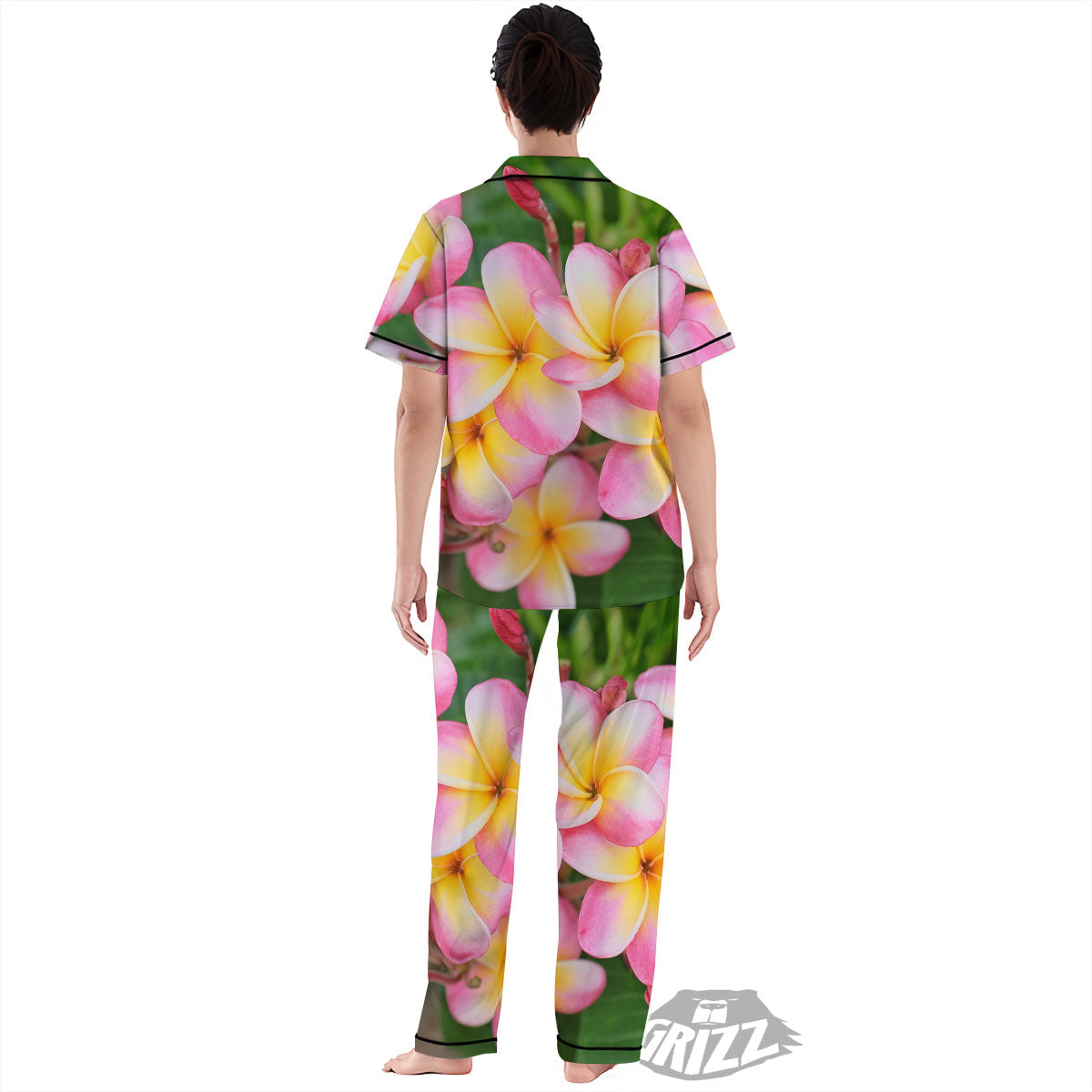 Plumeria Flower Yellow And Pink Print Women's Pajamas Set-grizzshop