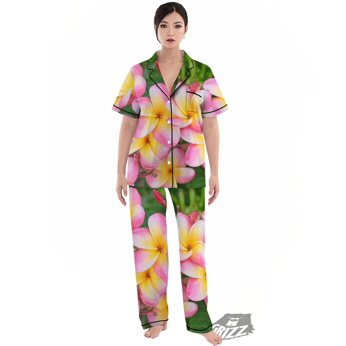 Plumeria Flower Yellow And Pink Print Women's Pajamas Set-grizzshop