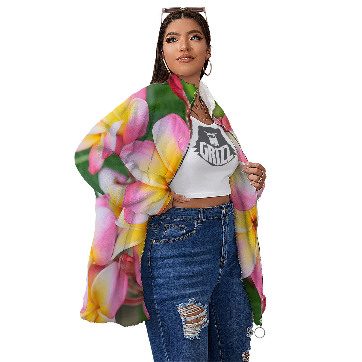 Plumeria Flower Yellow And Pink Print Women's Sherpa Jacket-grizzshop