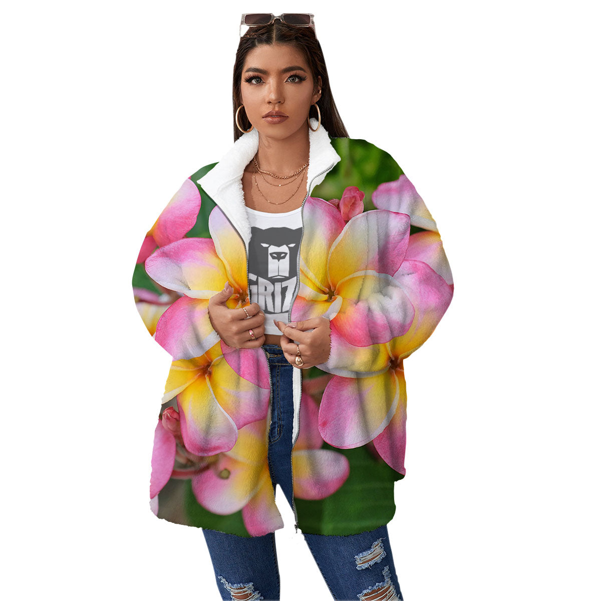 Plumeria Flower Yellow And Pink Print Women's Sherpa Jacket-grizzshop