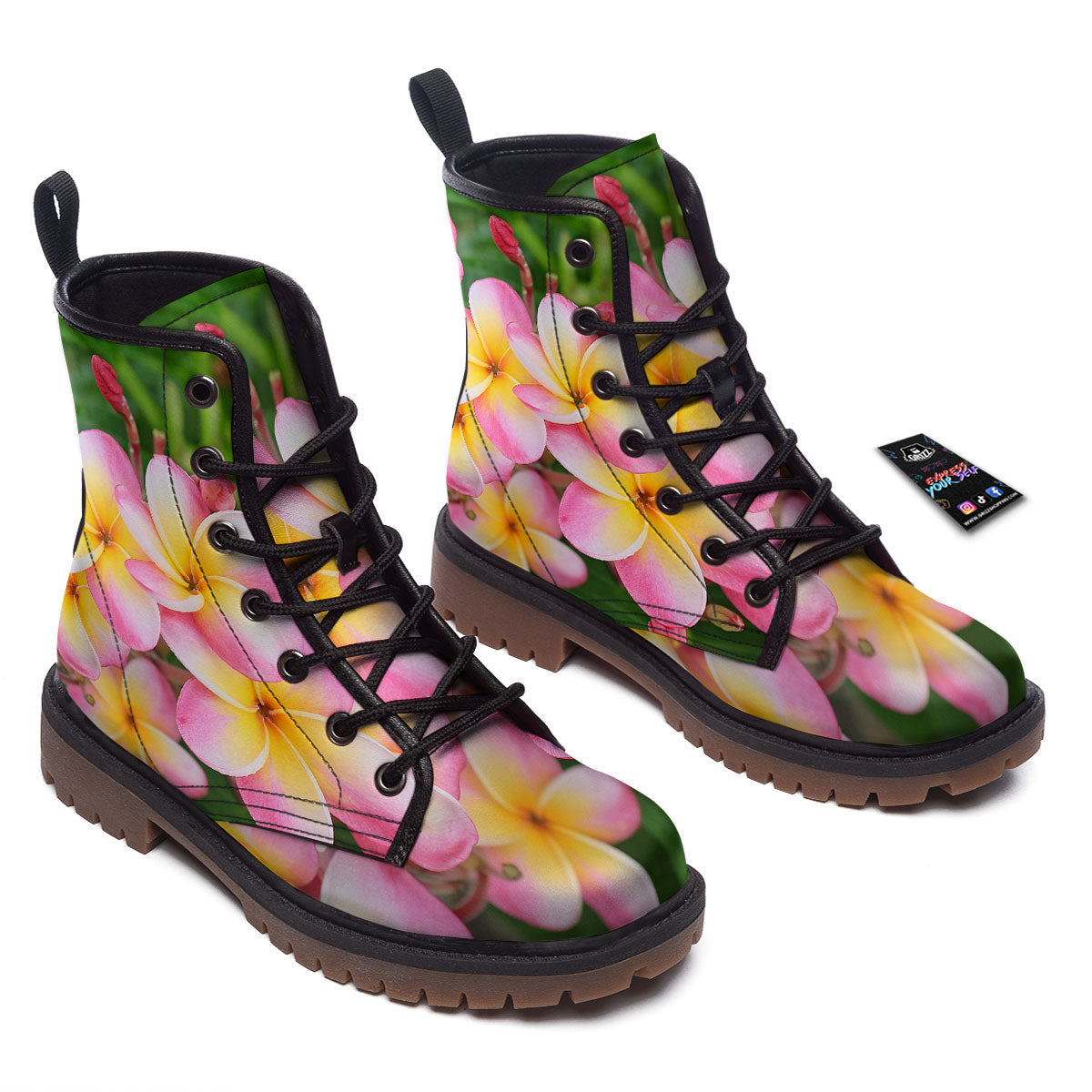 Plumeria Flower Yellow And Pink Print Work Boots-grizzshop