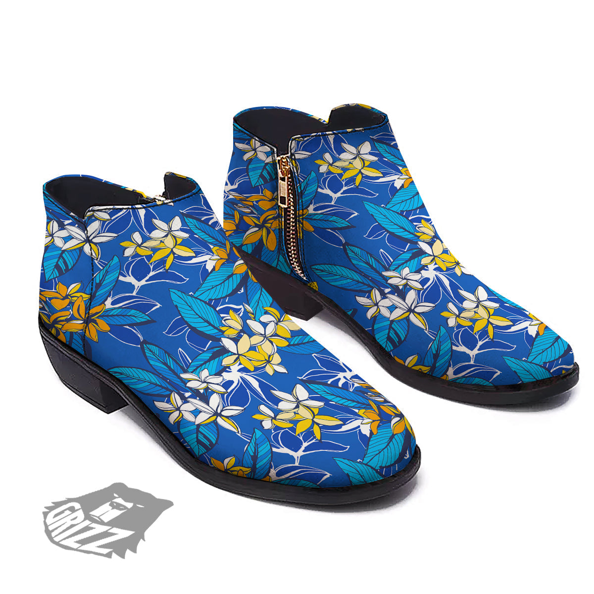 Plumeria Flower Yellow And White Blue Print Pattern Ankle Boots-grizzshop