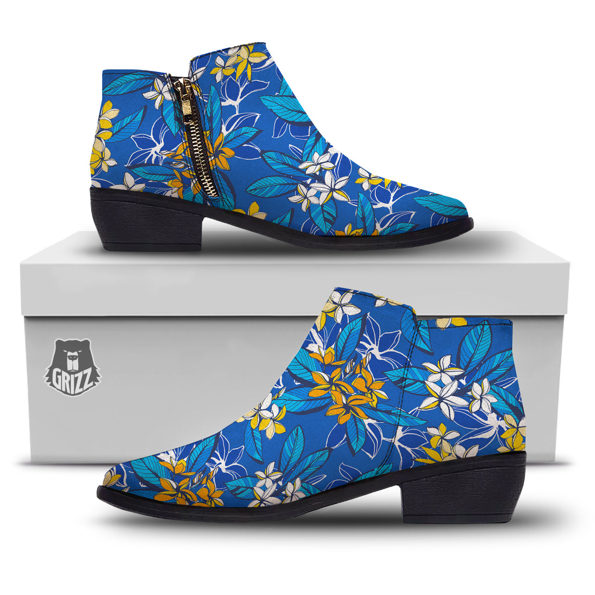 Plumeria Flower Yellow And White Blue Print Pattern Ankle Boots-grizzshop