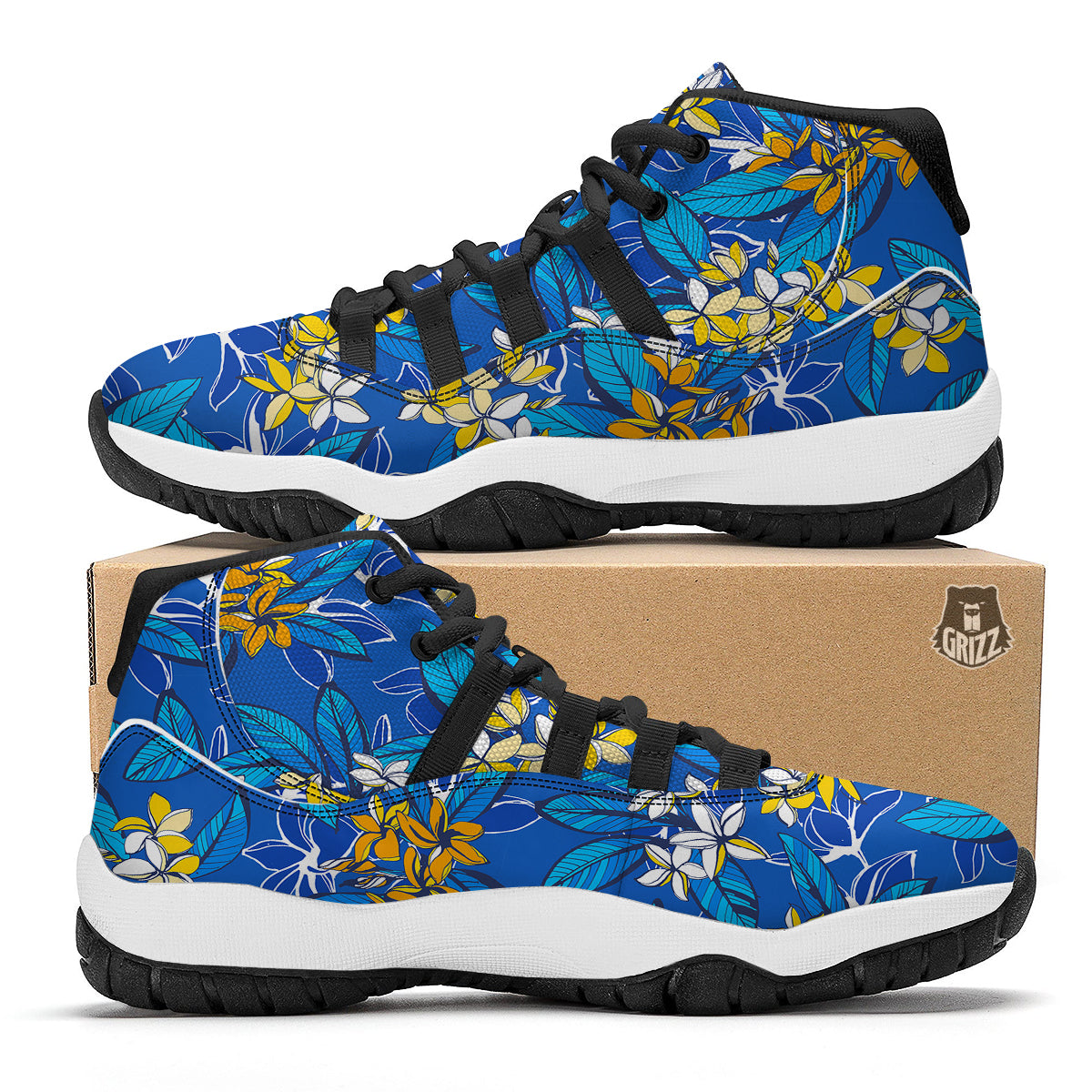 Plumeria Flower Yellow And White Blue Print Pattern Black Bball Shoes-grizzshop