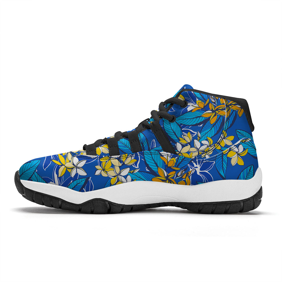Plumeria Flower Yellow And White Blue Print Pattern Black Bball Shoes-grizzshop