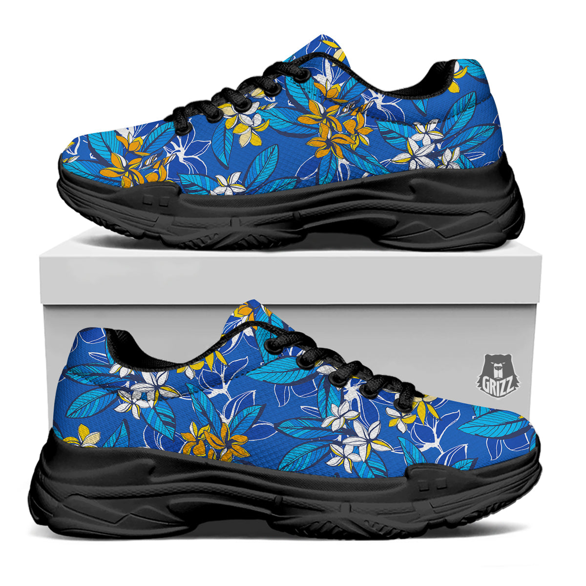 Plumeria Flower Yellow And White Blue Print Pattern Black Chunky Shoes-grizzshop