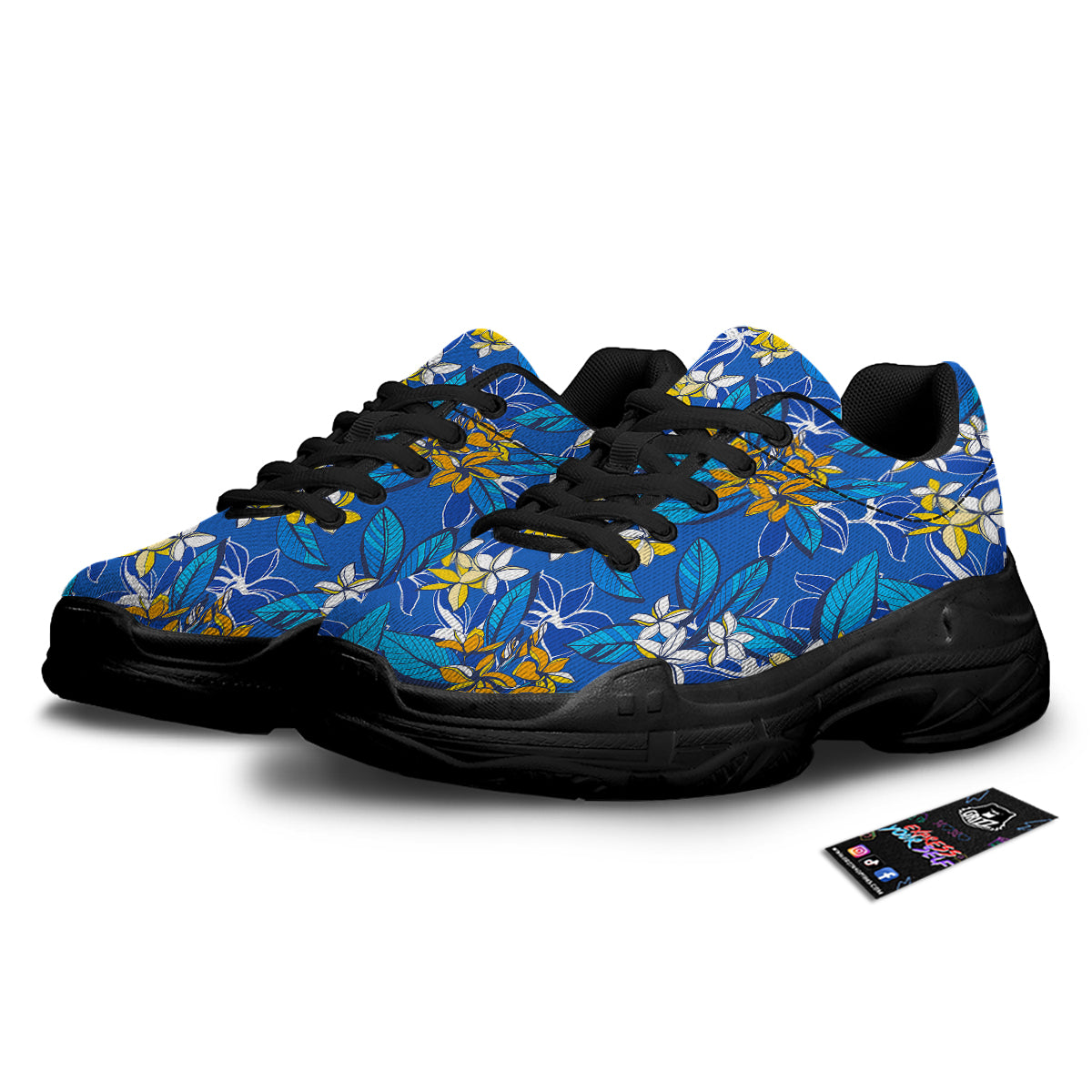 Plumeria Flower Yellow And White Blue Print Pattern Black Chunky Shoes-grizzshop