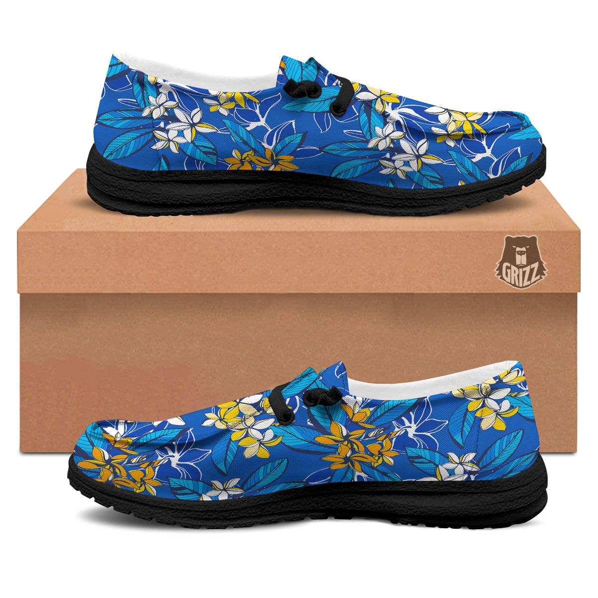 Plumeria Flower Yellow And White Blue Print Pattern Black Loafers-grizzshop