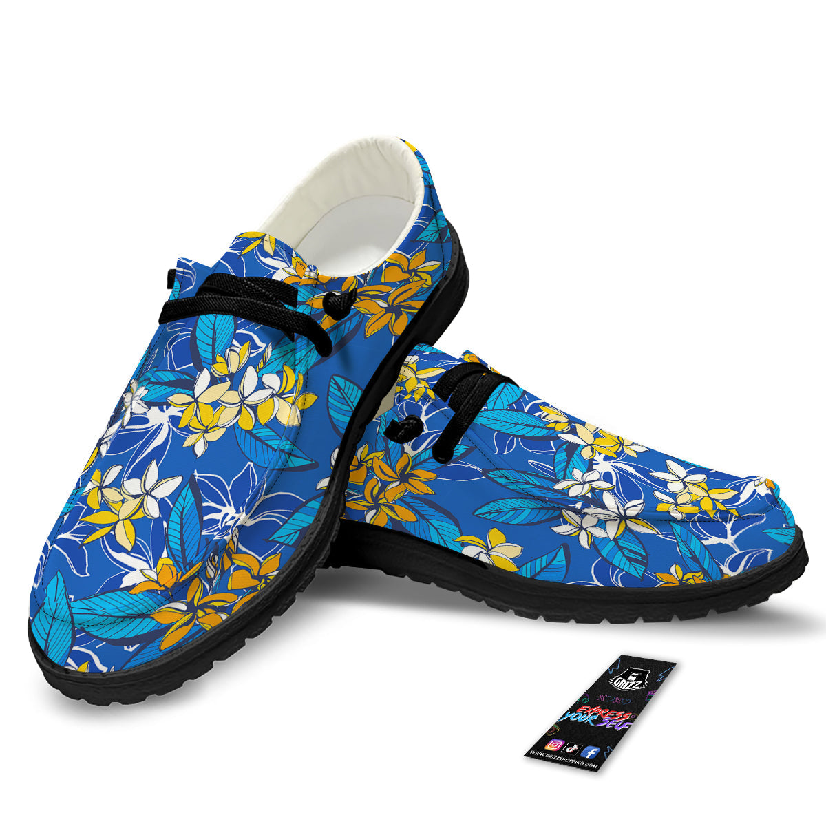 Plumeria Flower Yellow And White Blue Print Pattern Black Loafers-grizzshop