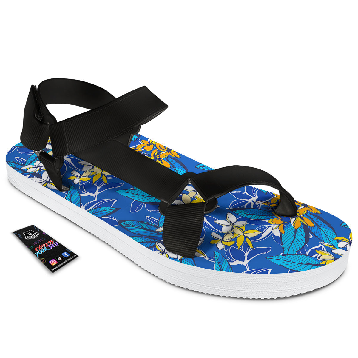 Plumeria Flower Yellow And White Blue Print Pattern Black Open Toe Sandals-grizzshop