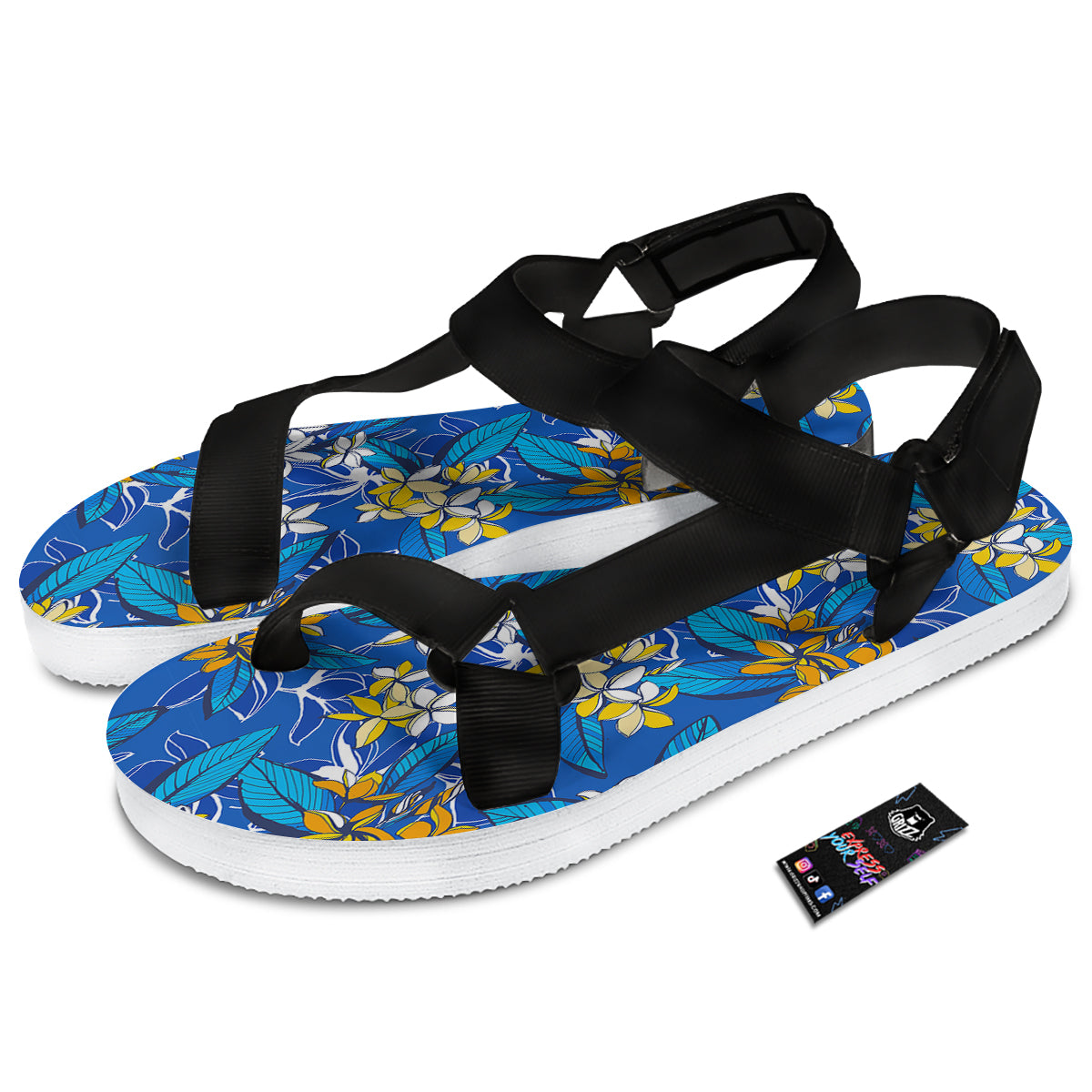 Plumeria Flower Yellow And White Blue Print Pattern Black Open Toe Sandals-grizzshop