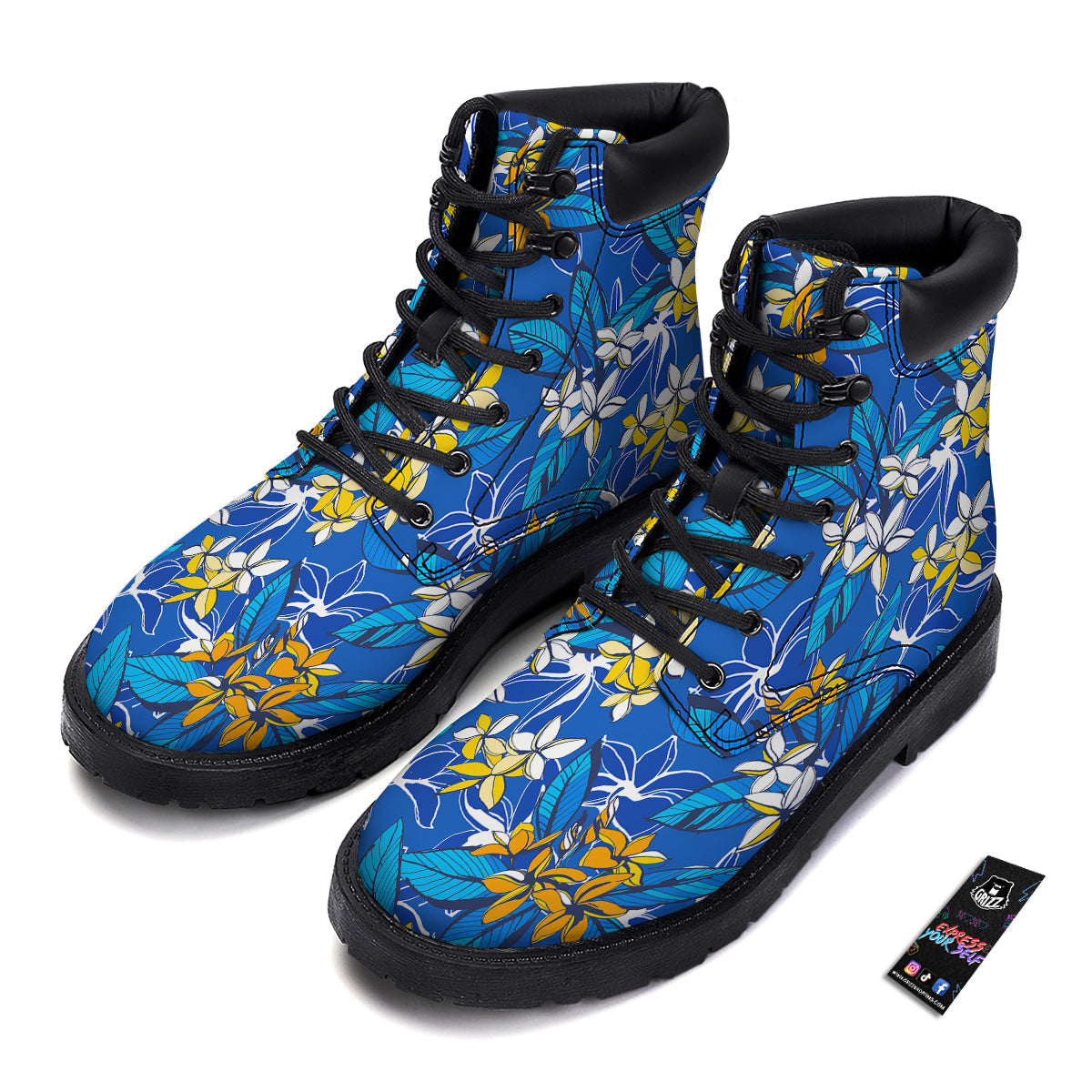 Plumeria Flower Yellow And White Blue Print Pattern Boots-grizzshop