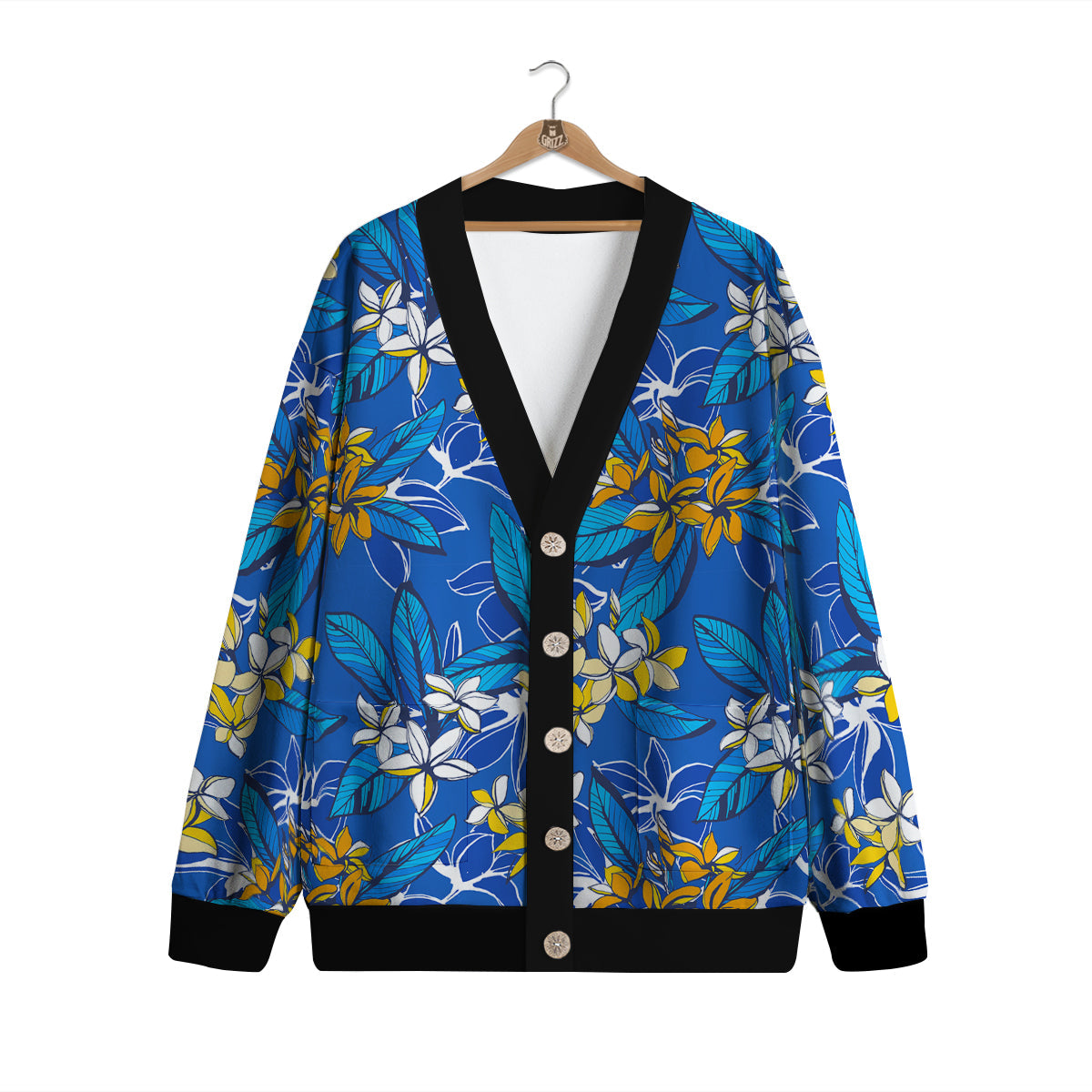 Plumeria Flower Yellow And White Blue Print Pattern Cardigan-grizzshop