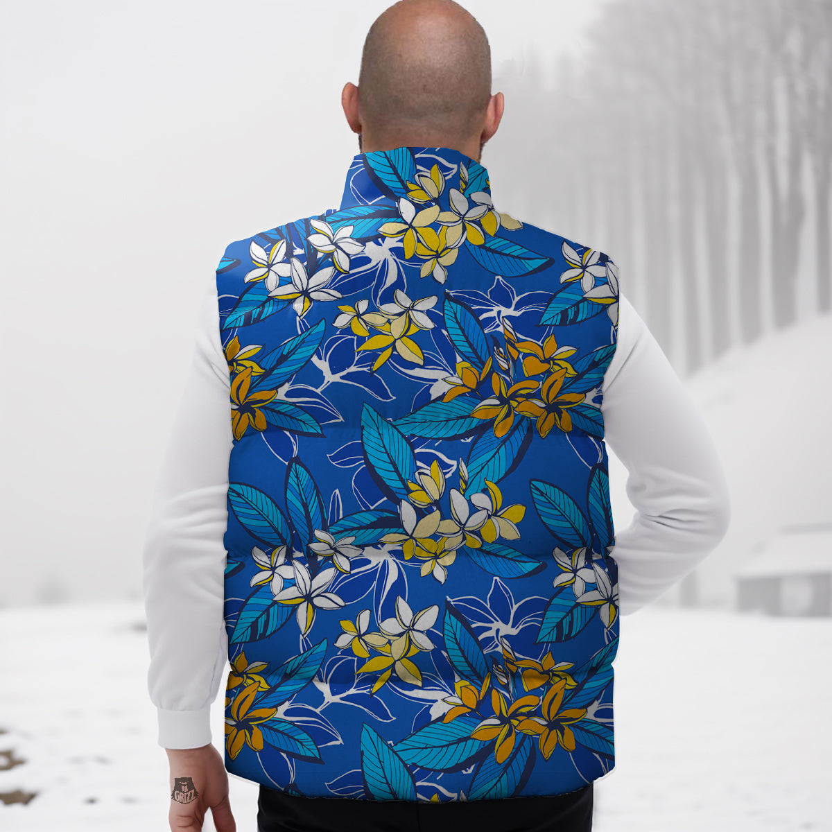 Plumeria Flower Yellow And White Blue Print Pattern Down Vest