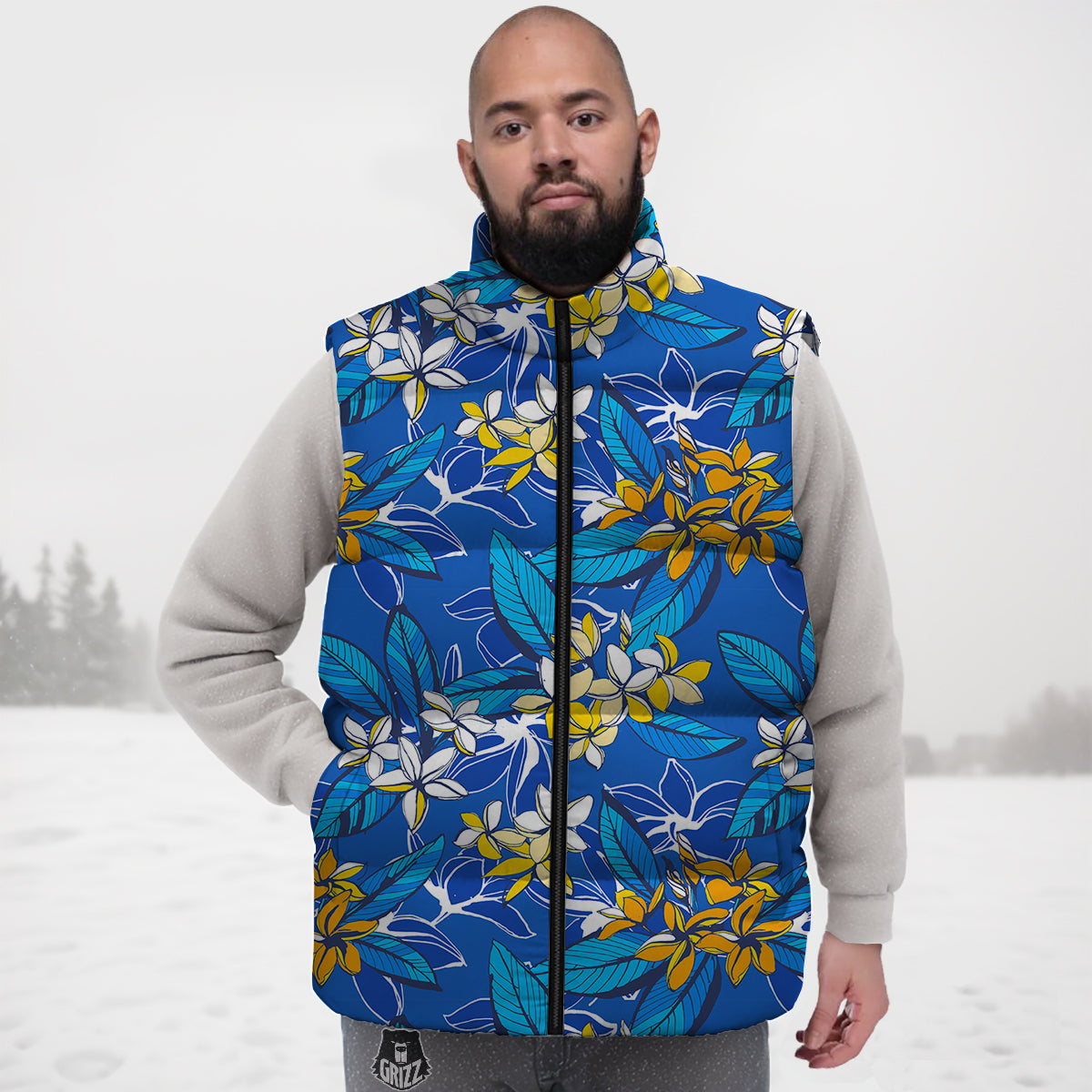 Plumeria Flower Yellow And White Blue Print Pattern Down Vest