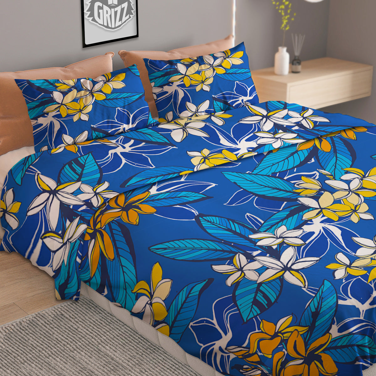 Plumeria Flower Yellow And White Blue Print Pattern Duvet Cover Bedding Set