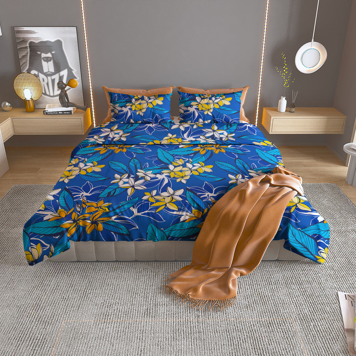 Plumeria Flower Yellow And White Blue Print Pattern Duvet Cover Bedding Set