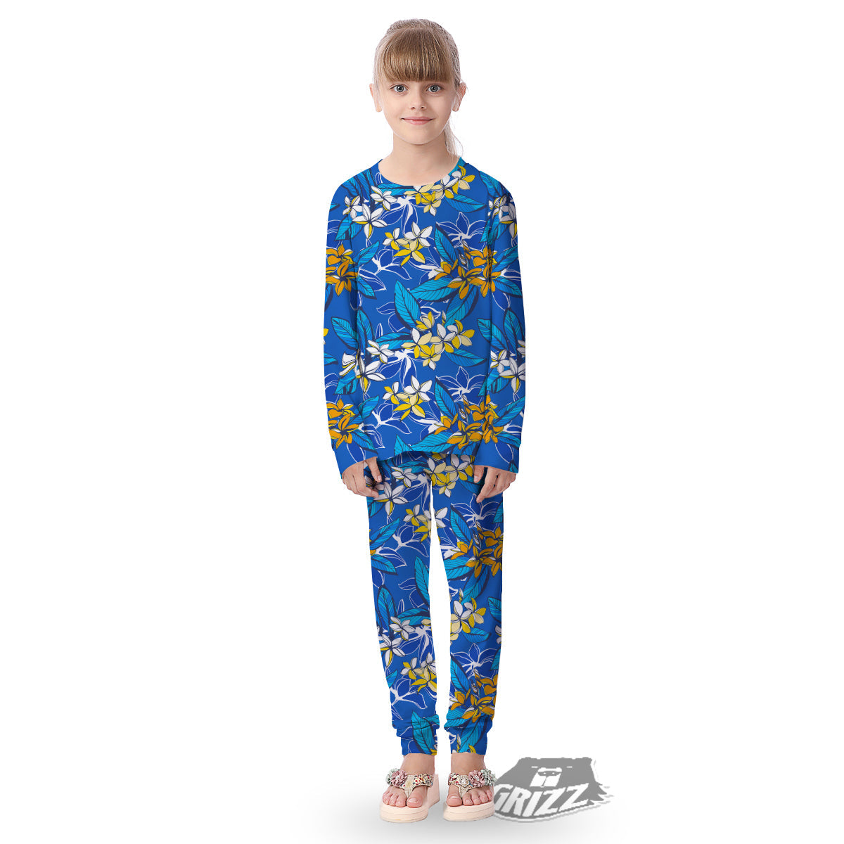 Plumeria Flower Yellow And White Blue Print Pattern Kid's Pajamas-grizzshop