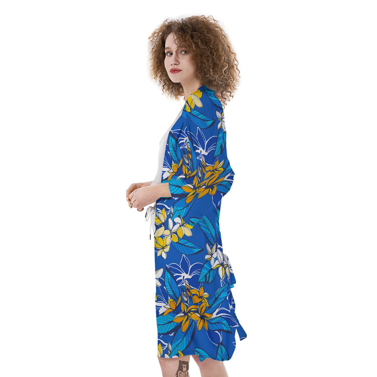 Plumeria Flower Yellow And White Blue Print Pattern Kimono-grizzshop