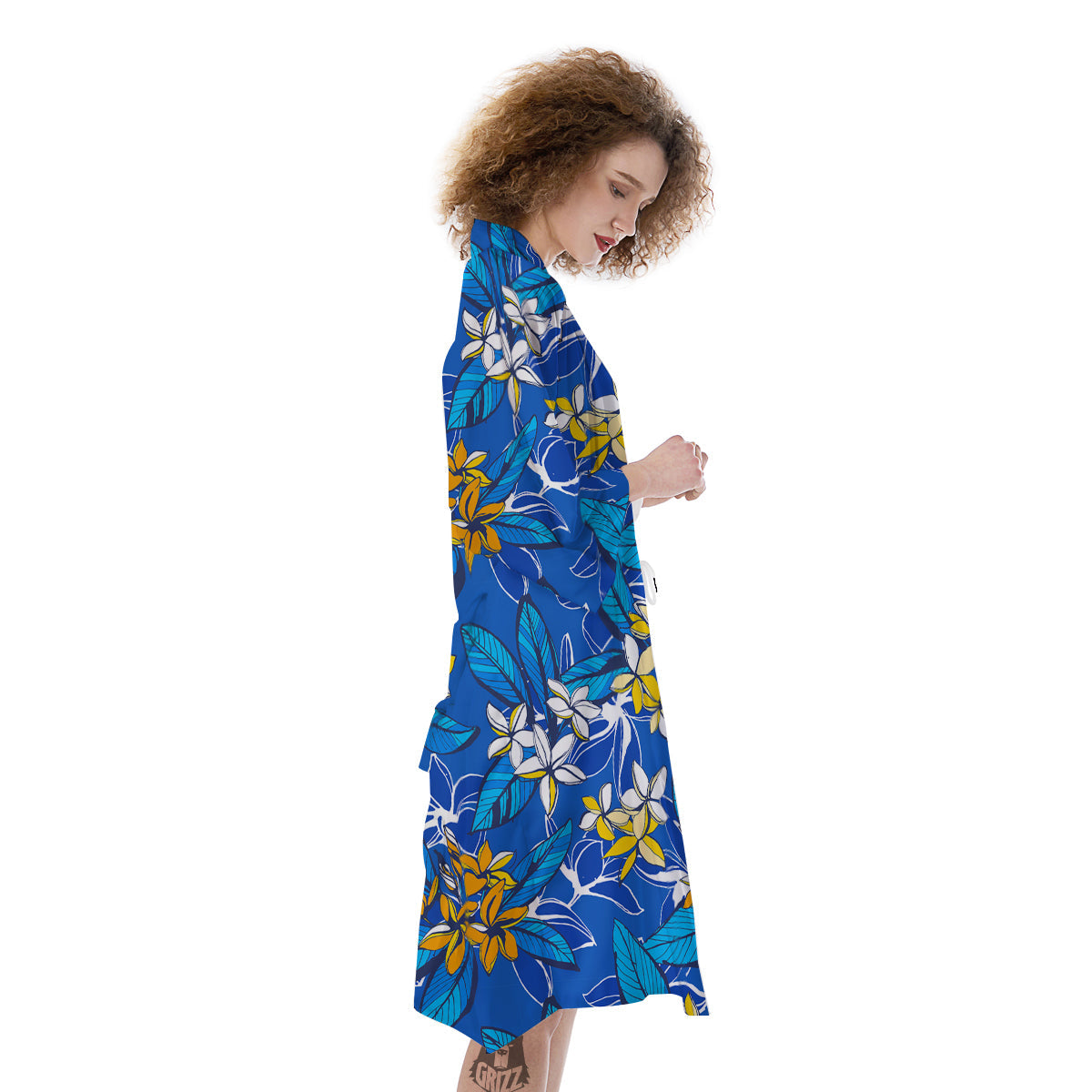Plumeria Flower Yellow And White Blue Print Pattern Kimono-grizzshop
