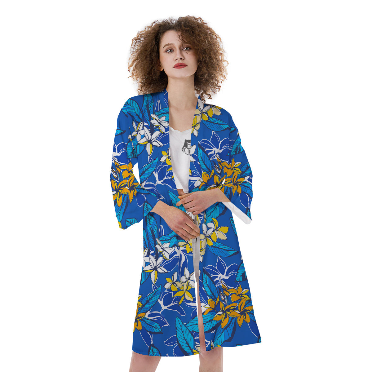 Plumeria Flower Yellow And White Blue Print Pattern Kimono-grizzshop