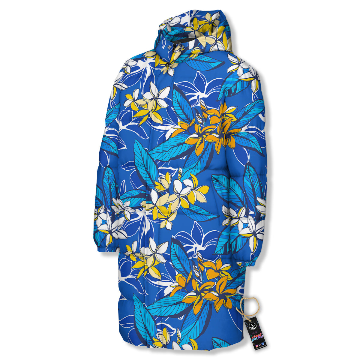 Plumeria Flower Yellow And White Blue Print Pattern Long Down Jacket-grizzshop