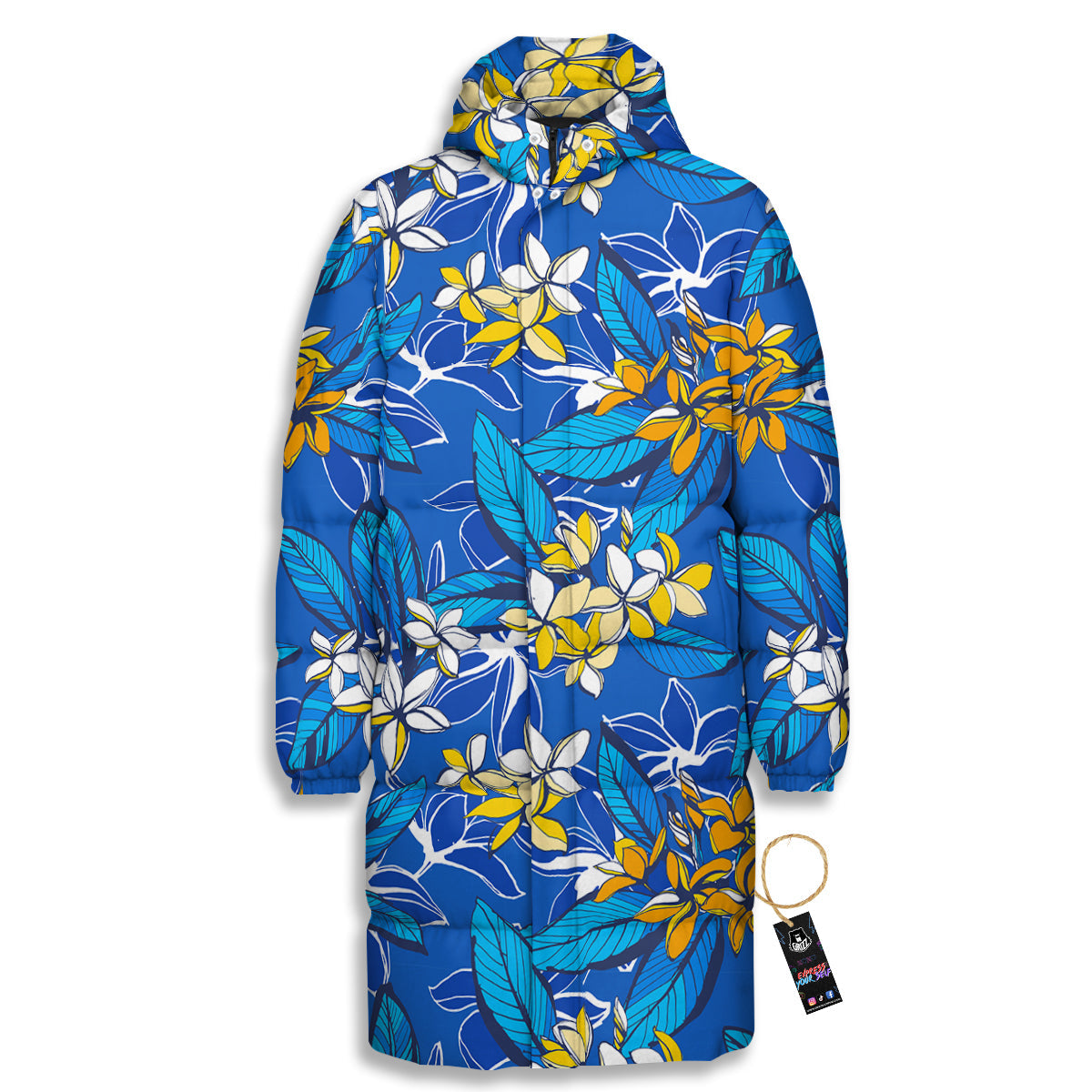 Plumeria Flower Yellow And White Blue Print Pattern Long Down Jacket-grizzshop