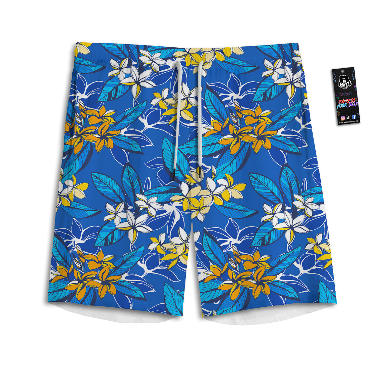 Plumeria Flower Yellow And White Blue Print Pattern Men's Athletic Shorts