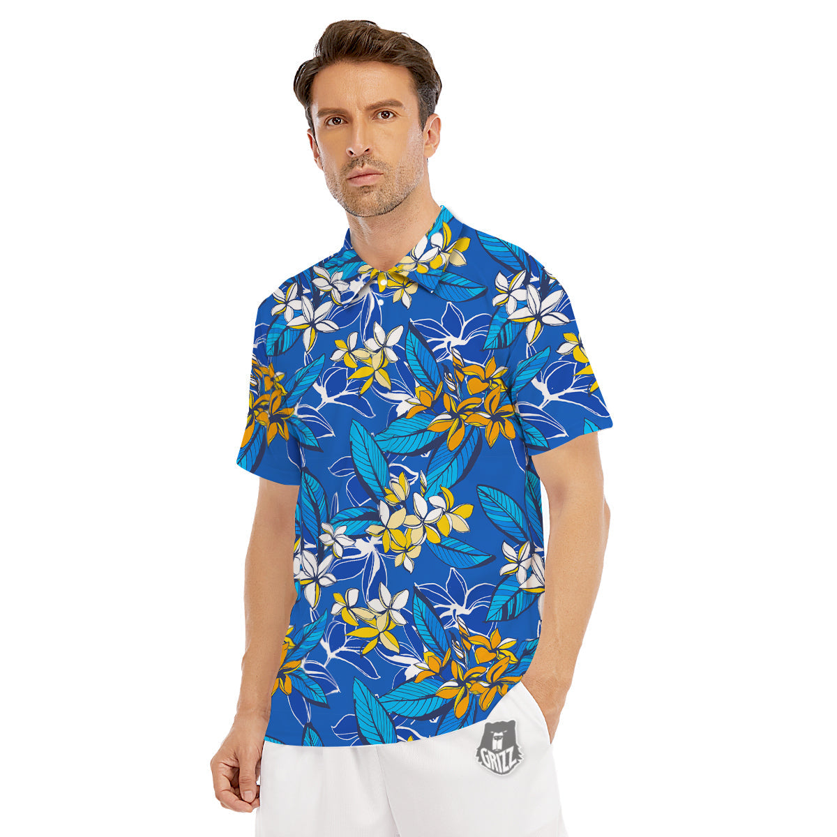 Plumeria Flower Yellow And White Blue Print Pattern Men's Golf Shirts-grizzshop