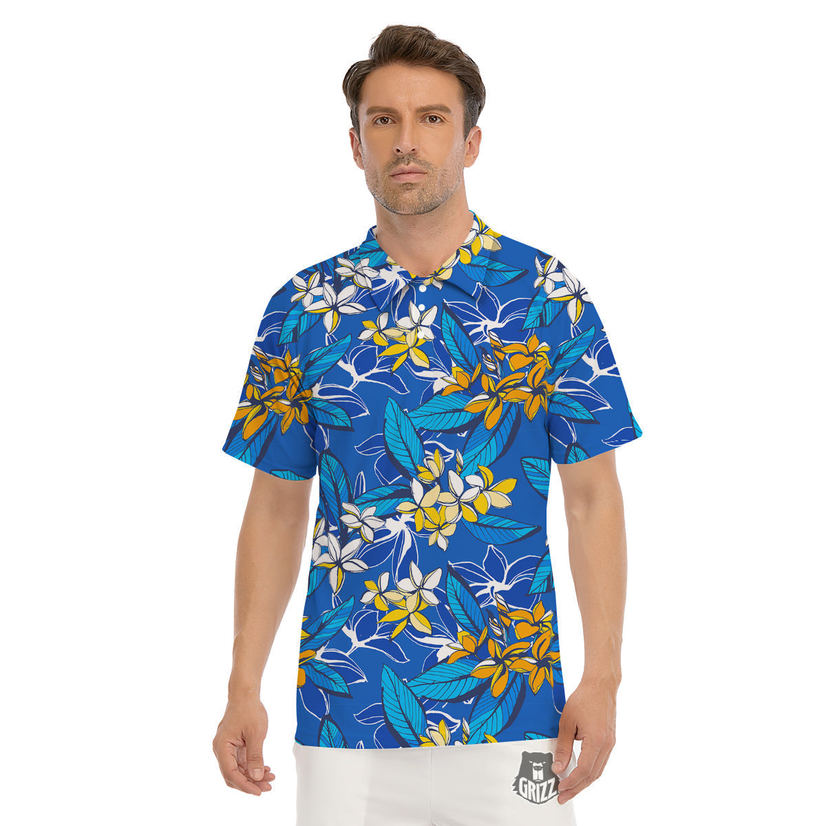 Plumeria Flower Yellow And White Blue Print Pattern Men's Golf Shirts-grizzshop