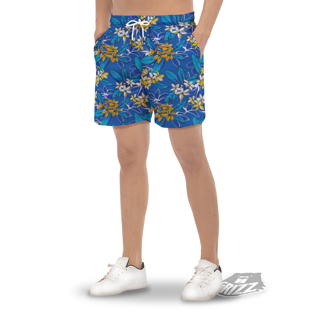 Plumeria Flower Yellow And White Blue Print Pattern Men's Gym Shorts-grizzshop