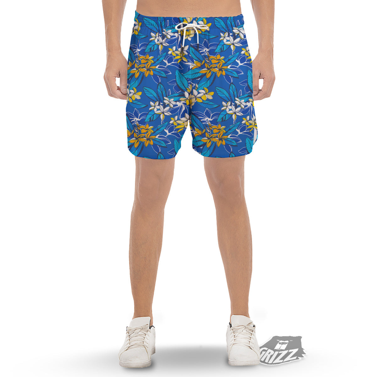Plumeria Flower Yellow And White Blue Print Pattern Men's Gym Shorts-grizzshop