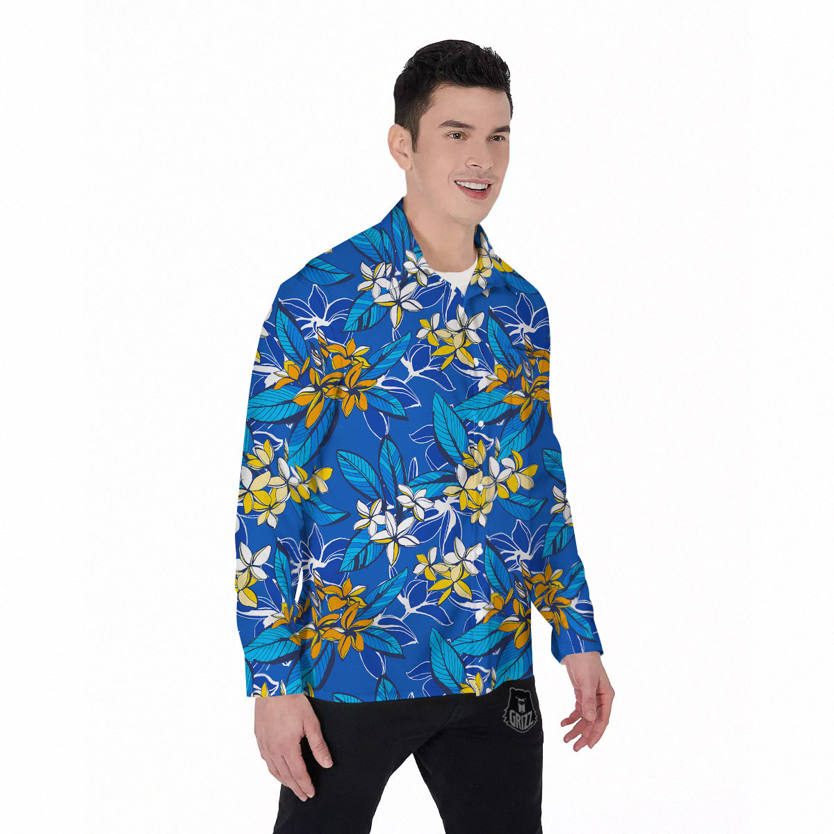 Plumeria Flower Yellow And White Blue Print Pattern Men's Long Sleeve Shirts-grizzshop