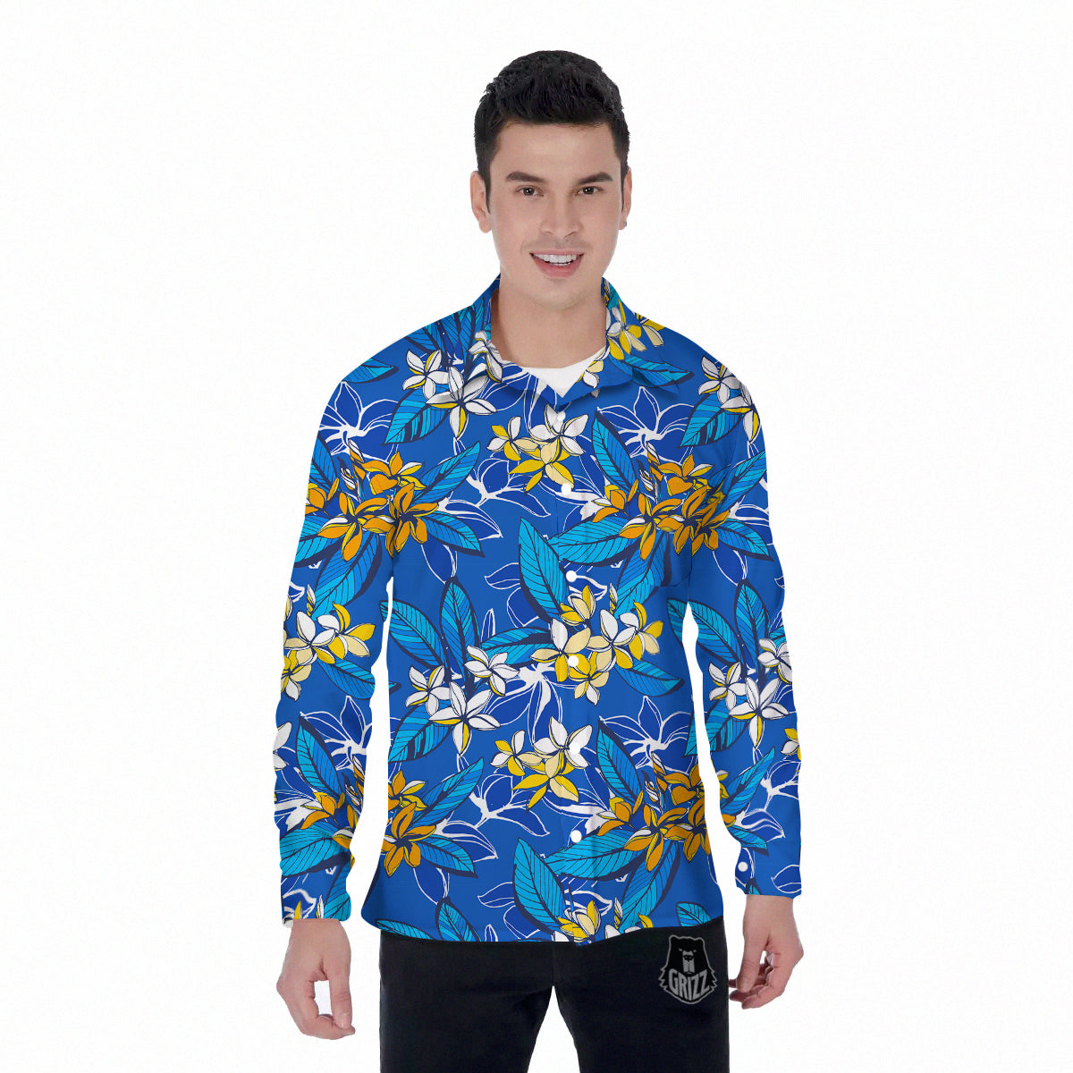 Plumeria Flower Yellow And White Blue Print Pattern Men's Long Sleeve Shirts-grizzshop