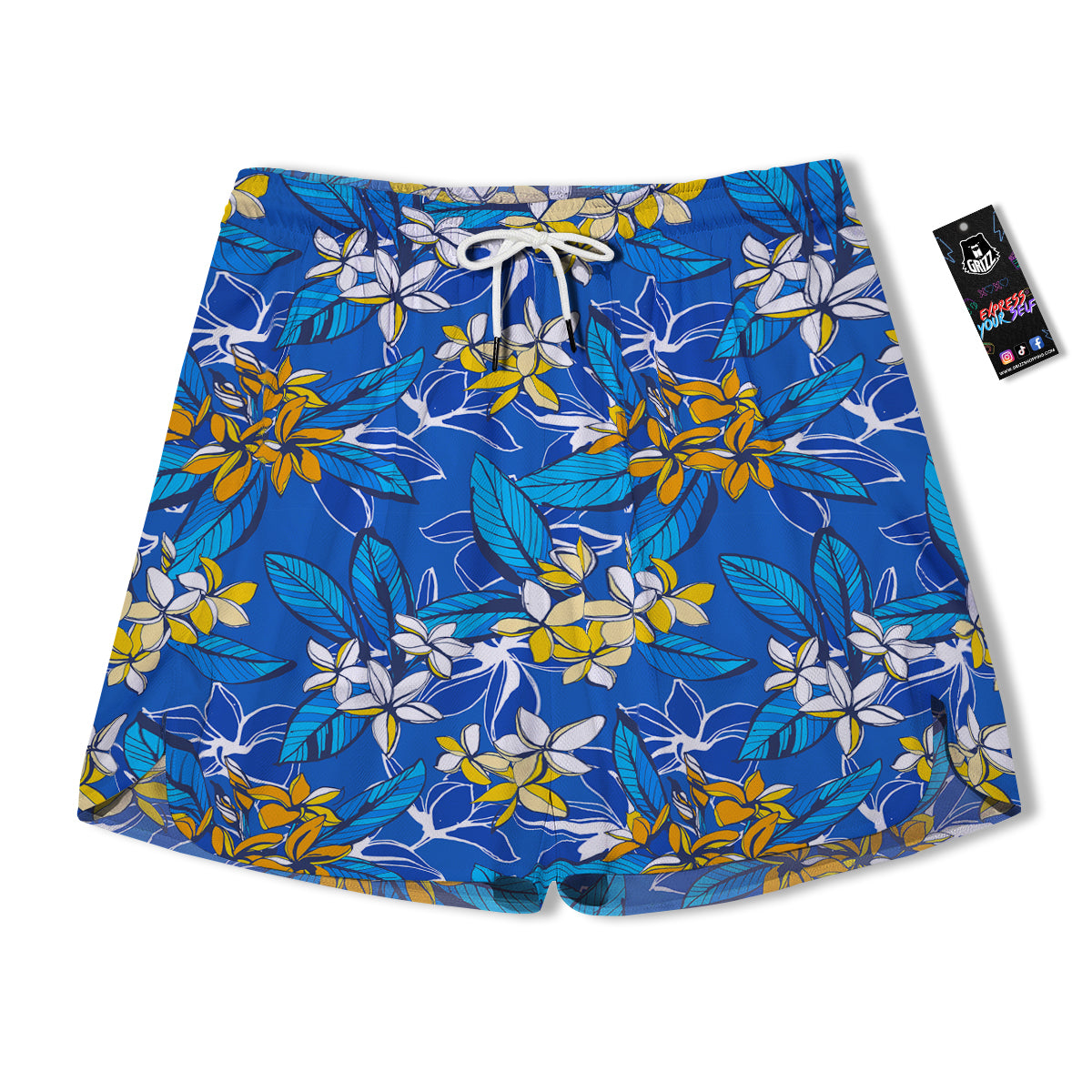 Plumeria Flower Yellow And White Blue Print Pattern Men's Running Shorts-grizzshop